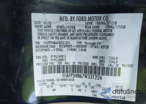 2007 Ford Focus S/Se/Ses z USA, uszkodzony, nr VIN 1FAFP34N67W331224